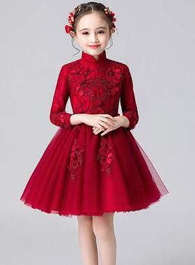 女童礼服公主裙花童婚纱洋派儿童红色生日气质主持演出服长袖秋冬