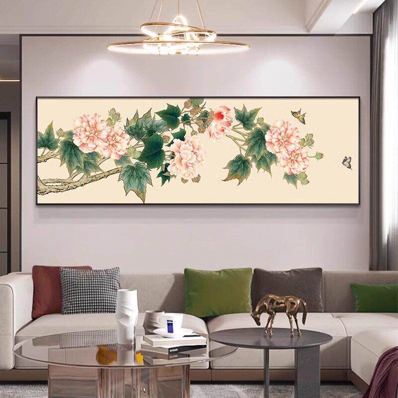 装饰画壁画花沙发国画背景墙客厅开新花卉中式牡丹花横款挂画富贵