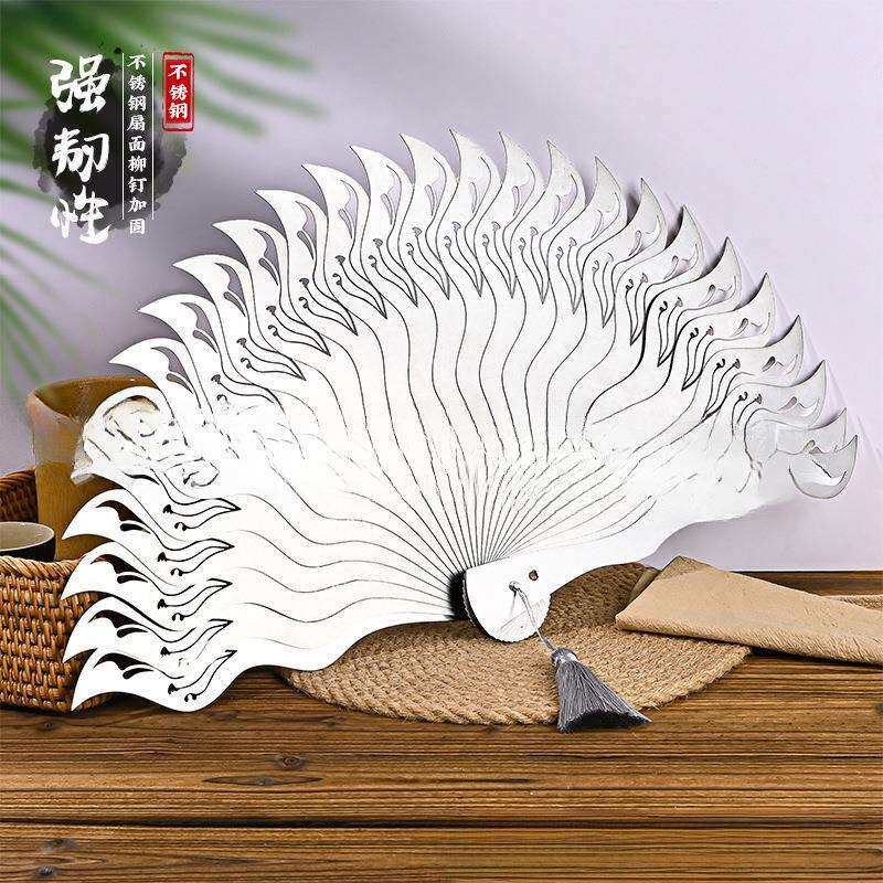 新中式古风全金属扇功夫飞羽片不锈钢传统把玩武侠钢折扇铭州
