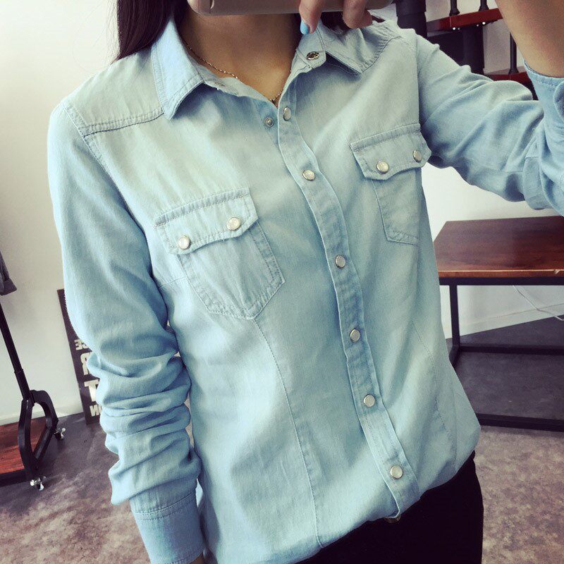 2020秋季新款韩版修身中长款衬衣上衣女士装衬衫长袖水洗牛仔衬衫在类目 女装/女士精品, 衬衫中 - 来自Buy2taobao.com提供专业的淘宝代购服务