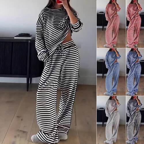 Women's Striped Casual Set  Outfit  Long Sleeve Loose