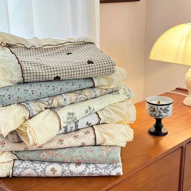 法式复古小碎花全棉花边床盖三件套高温砂洗绗缝夹棉床单被套