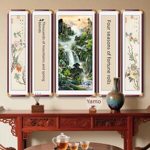 五件聚财中殿画、客厅装饰画、乡村堂屋、山水画、大气风水画、壁