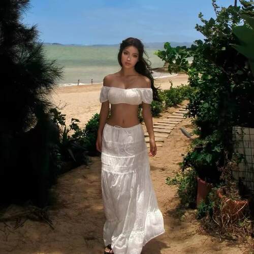 Womens White Two Piece Set Off Shoulder Crop Top Lace Trim