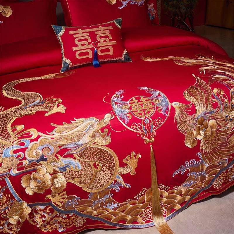婚庆全棉四件套红色刺绣龙凤百子结婚新婚房床上用品多件轻奢婚庆