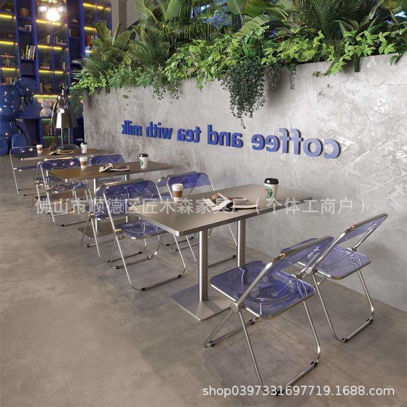 工业风咖啡桌椅组合简约餐桌不锈钢茶几甜品奶茶小吃店商用小圆桌