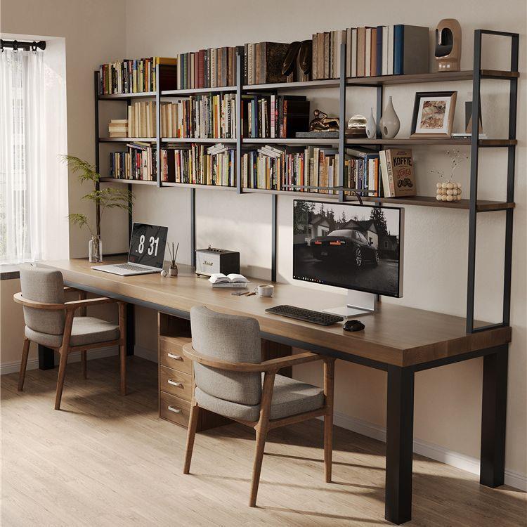 简约实木双人电脑桌长条桌家用靠墙书桌书架一体卧室写字桌工作台
