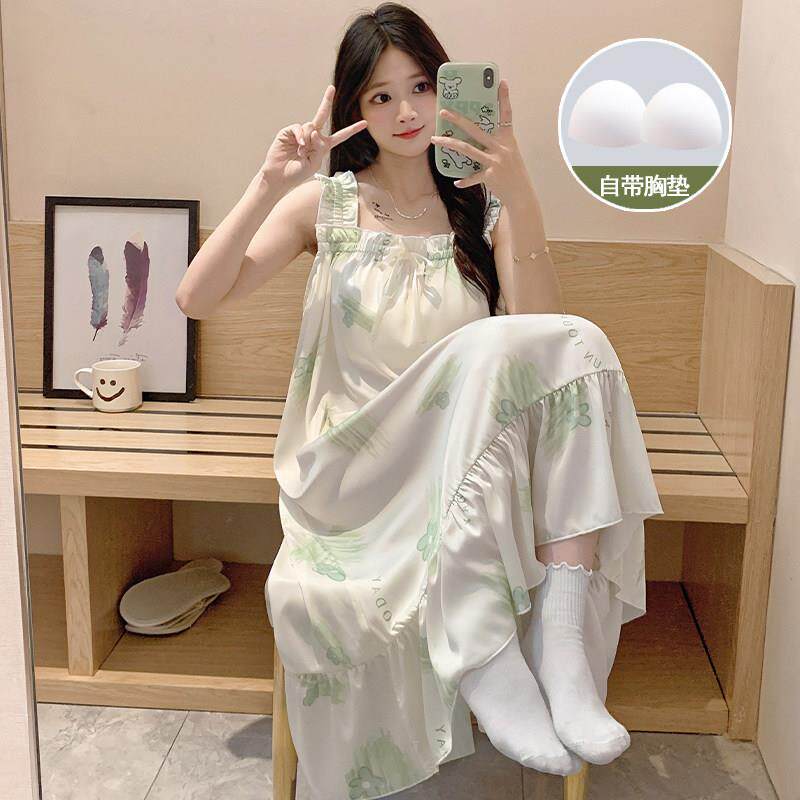吊带睡裙带胸垫冰丝睡衣女夏季薄款凉感女士碎花丝绸家居服可外穿
