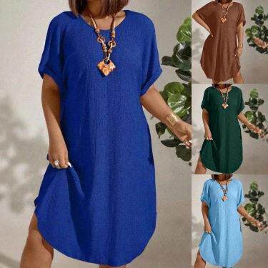 Plus Size Solid Color Dress, Casual Short Sleeve Round Neck