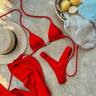 Red neckband plus size swimsuit women's three-point bikini
