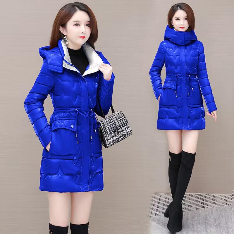 新品珠光炫彩棉衣女中长款冬季新款免洗亮面修身显瘦羽绒棉服时尚