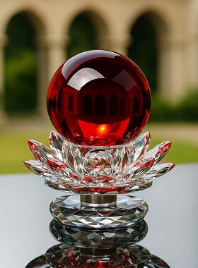 红色水晶球摆件水晶莲花底座客厅装饰办公室摆设新居乔迁礼物开业