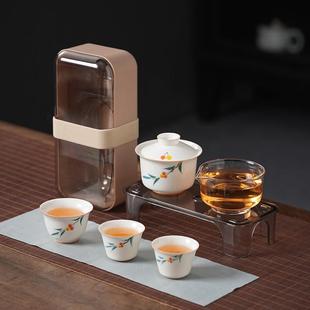 手绘悬停旋转盖碗旅行茶具套装一壶三杯户外露营泡茶具送礼快客杯