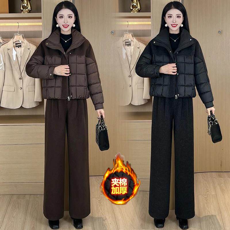 香港代购时尚套装女冬季新款显瘦拼接保暖短款棉服阔腿裤两件套潮