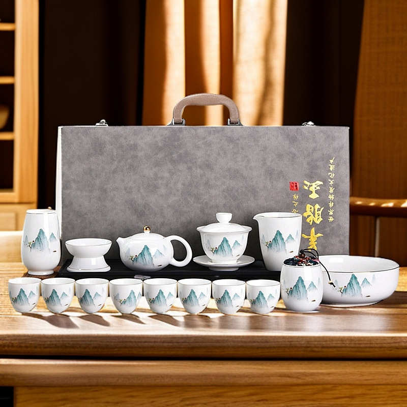 羊脂玉茶具套装描金功夫盖碗茶壶高档商务茶具整套家用办公礼品
