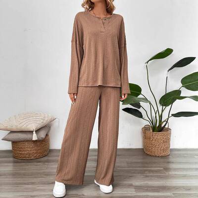 Women's Solid Textured Button Front Drop Shoulder Top & Wide