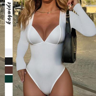 Women's White Deep V Long Sleeve Bodysuit Sexy Slim Fit