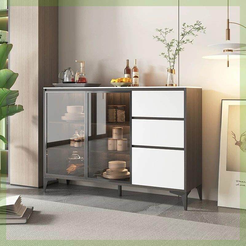 岩板实木餐边柜一体靠墙储物柜钢化玻璃门茶水柜超薄边柜现代高级