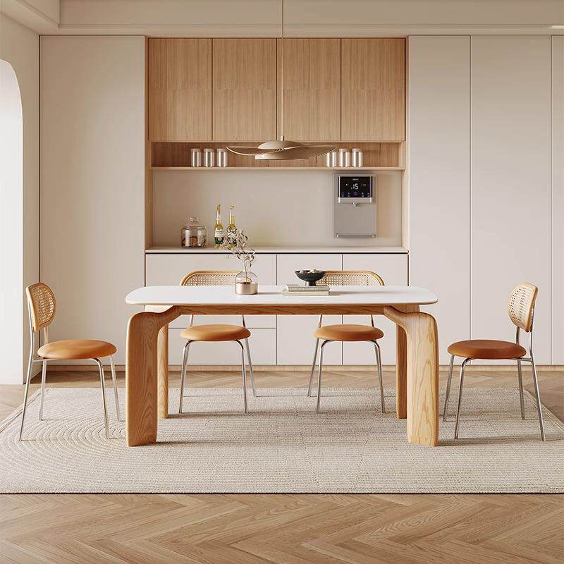 丹梵斯 原木奶油风大象腿餐桌家用小户型桌子长方形实木岩板餐桌