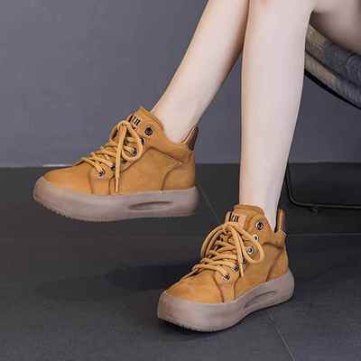 真皮高帮鞋女鞋2025新款休闲板鞋潮酷厚底秋冬季加绒厚底爆款运动