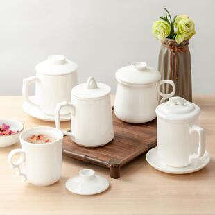 批发纯白骨瓷茶杯陶瓷盖杯大容量办公室水杯茶水分离过滤带盖茶漏