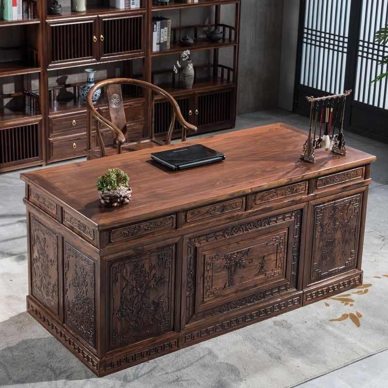 中式实木办公桌书桌书房家具套装组合榆木大班台老板桌书法电脑桌