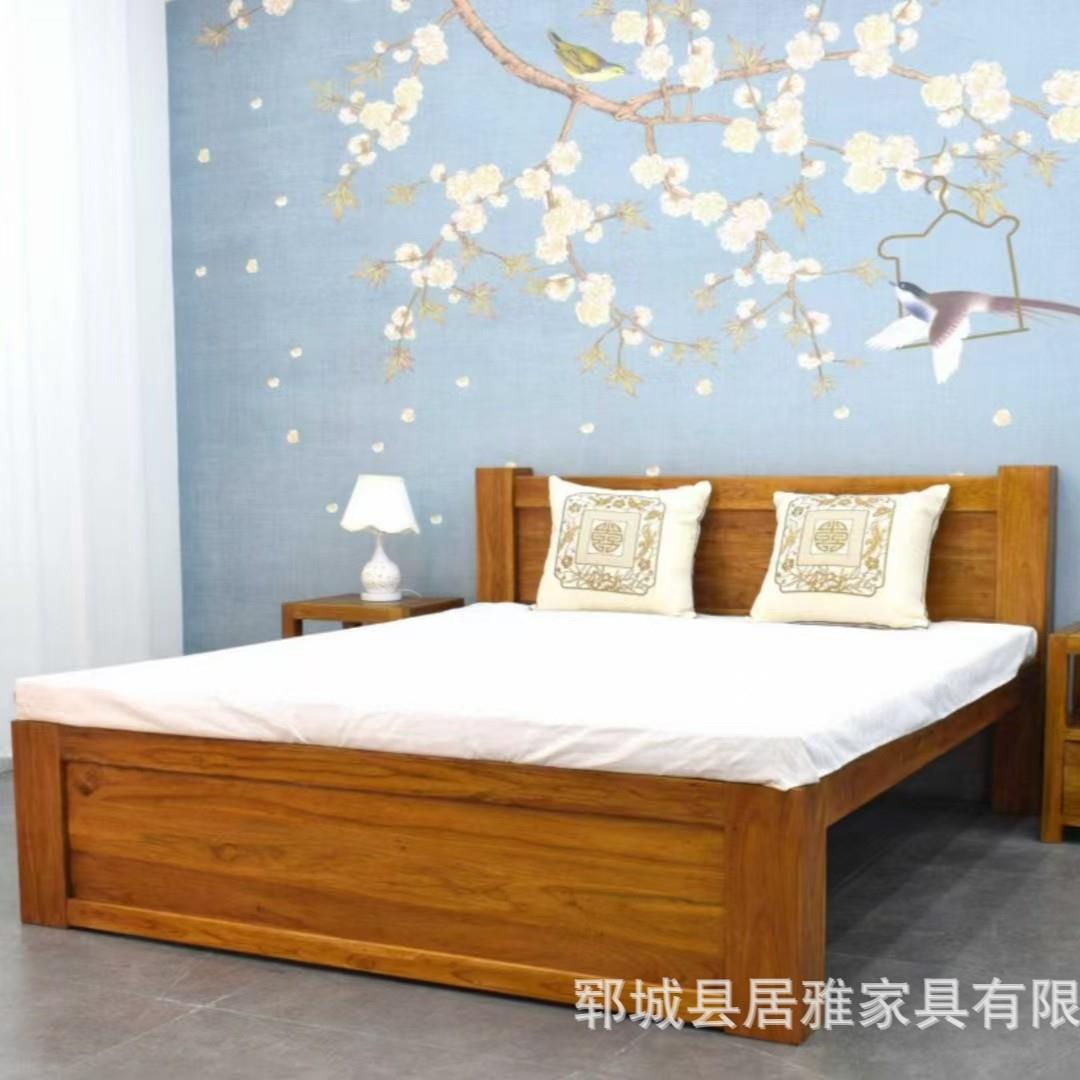 现代中式榆木卧室家具全实木榫卯床1.5米婚床老榆木床1.8米双人床