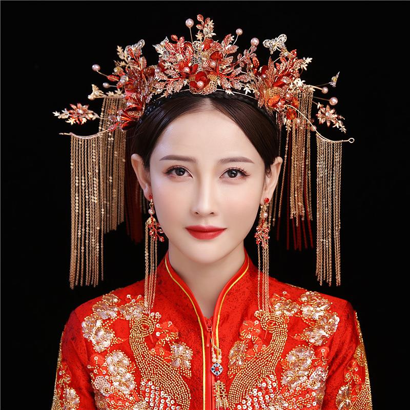新款古风红色中式新娘凤冠古装秀禾服结婚饰品