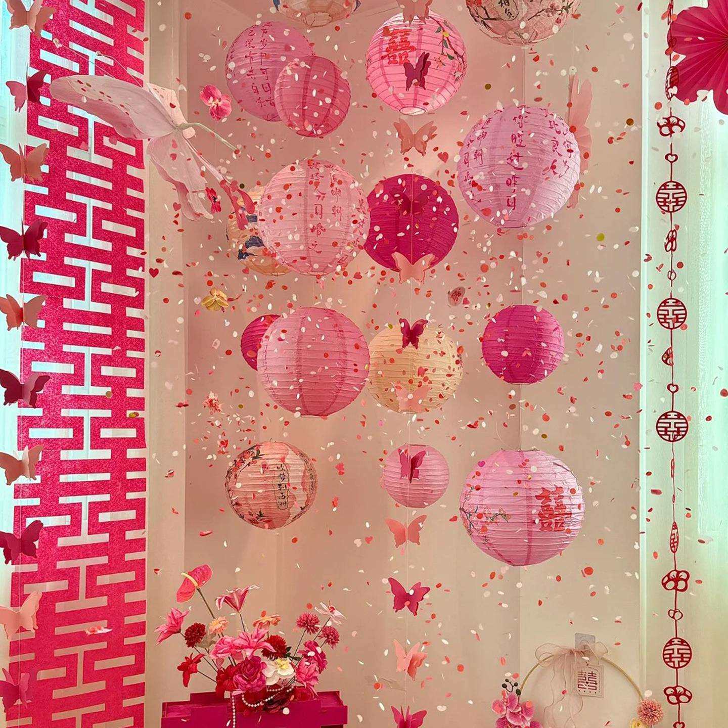 结婚长条喜字灯笼瀑布装饰新房客厅卧室女方婚礼蝴蝶拉花婚房布置