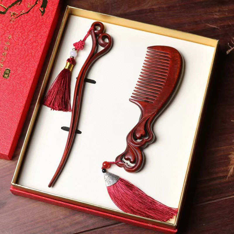 雕刻牡丹木梳韵刻印小叶紫檀梳子 婚庆套装立体 logo发簪荷可礼品