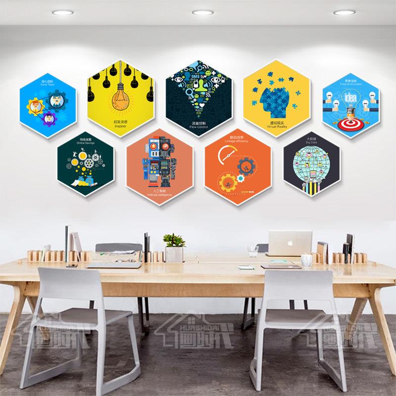 互联网络科技挂画公司办公室装饰画企业文化背景墙标语六边形壁画