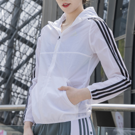 Adidas阿迪达斯白色外套女2024春季薄款遮阳服连帽防风衣夹克