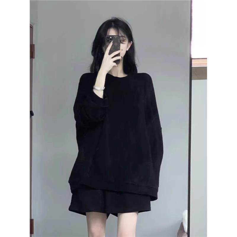 欧洲站秋冬新款韩版运动休闲套装小个子黑色宽松卫衣短裤两件套女