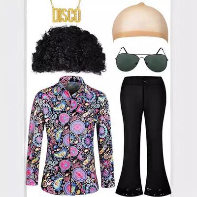 Men's disco costume, floral shirt, flared pants, two stage