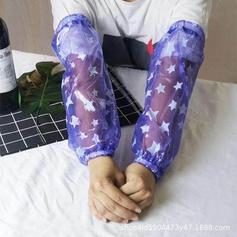 PVC防水防油加厚长款袖套厨房家用成人车间塑胶防污透明星星护袖