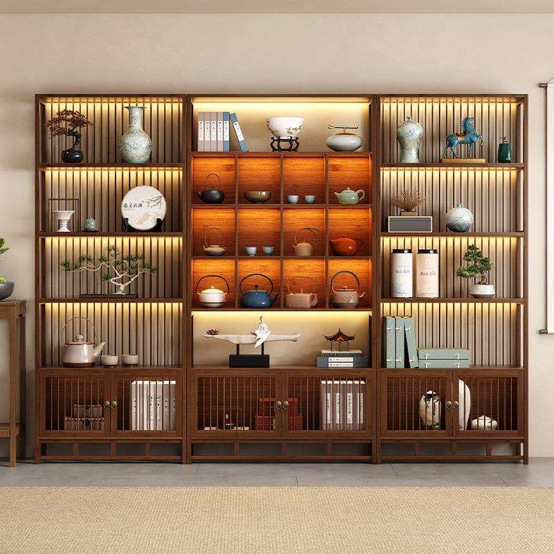 新中式博古架带灯带实木茶具架办公室展示柜茶室茶柜茶架工艺品架