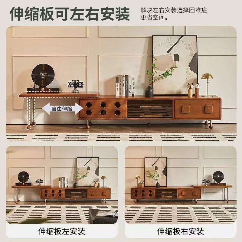 新中式中古伸缩电视柜实木收纳柜组合法式复古客厅家用落地柜