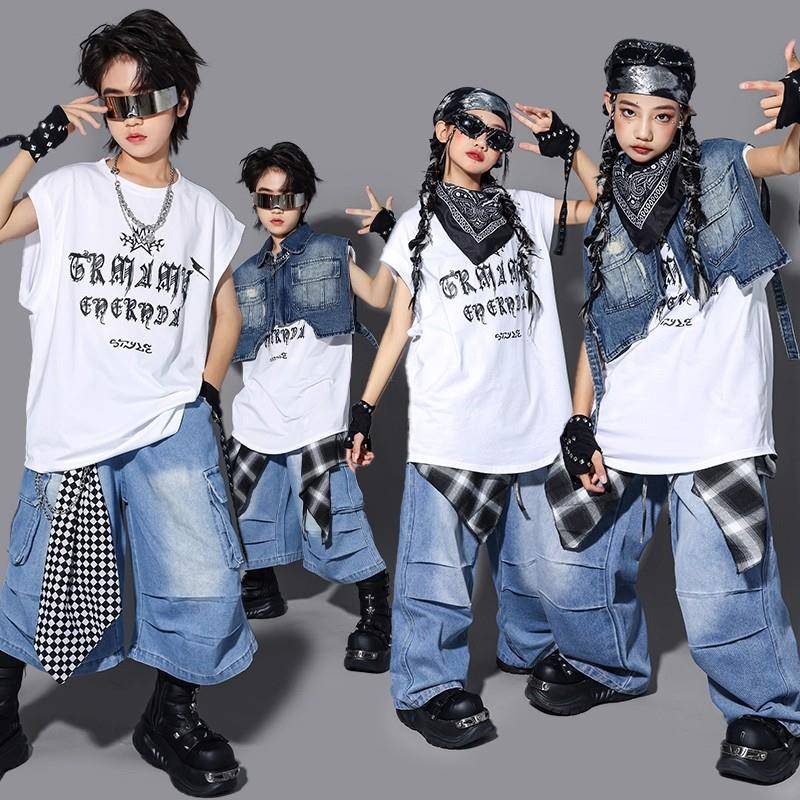 幼儿hiphop街舞演出服男孩嘻哈马甲服装夏季牛仔套装女孩表演潮装