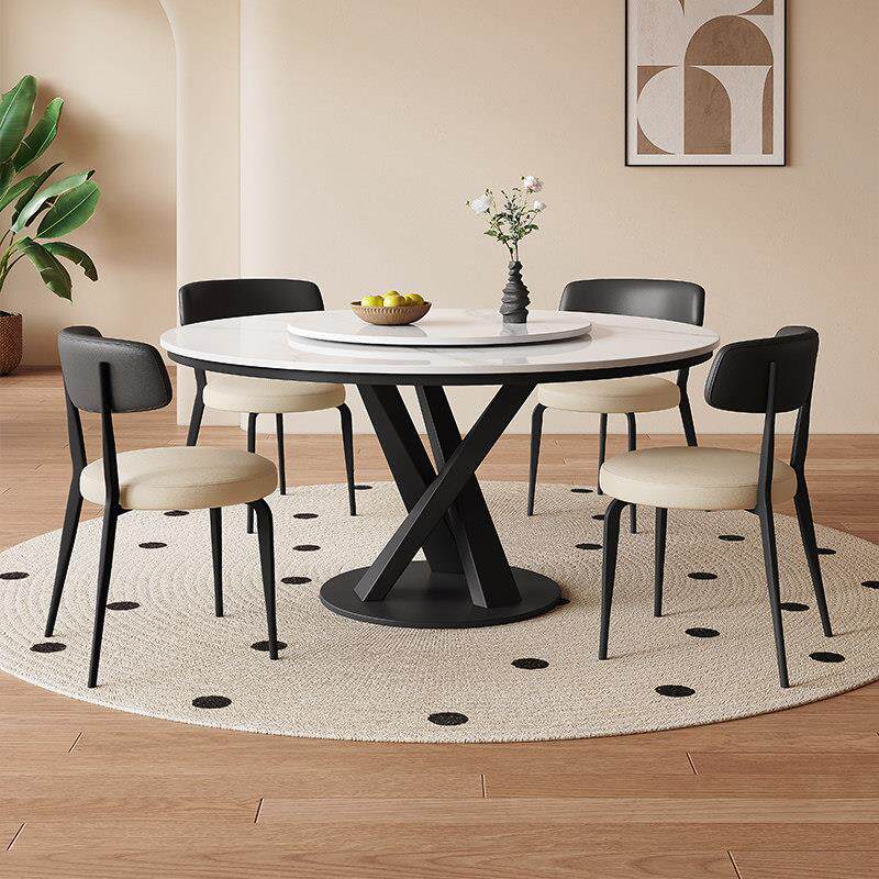 法式覆古圆形纯白色石板餐桌和椅子组合意大利极简主义小公寓现代
