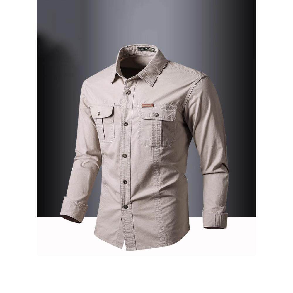 Home Daily~美式工装长袖衬衫男士外套春秋薄款休闲口袋纯棉衬衣