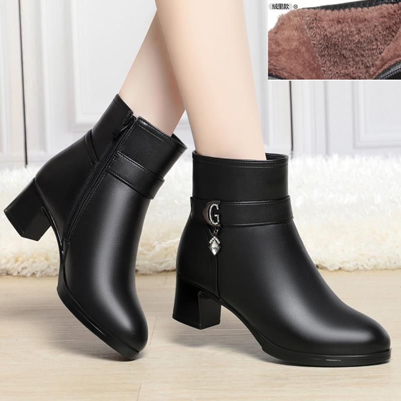 高档秋冬季真皮女短单靴加妈靴妈棉鞋高跟加中厚羊绒毛靴粗跟中年