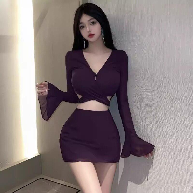 欧美性感露脐长袖上衣包臀裙两件套纯欲喇叭袖上衣高腰短裙子套装