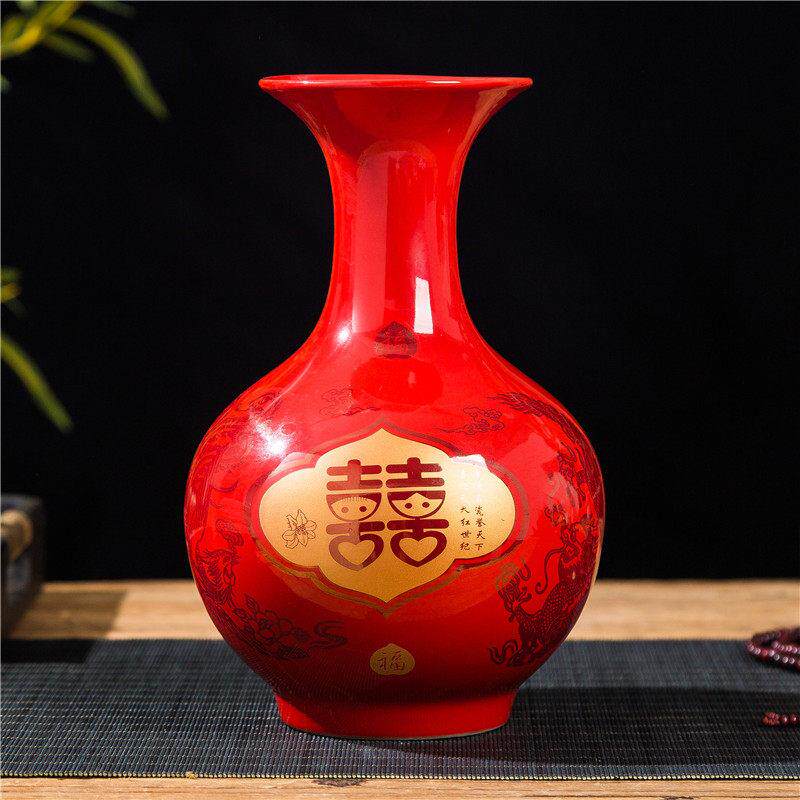 现代陶瓷工艺品中式客厅家居饰品玄关桌面摆件中国红花瓶结婚礼品