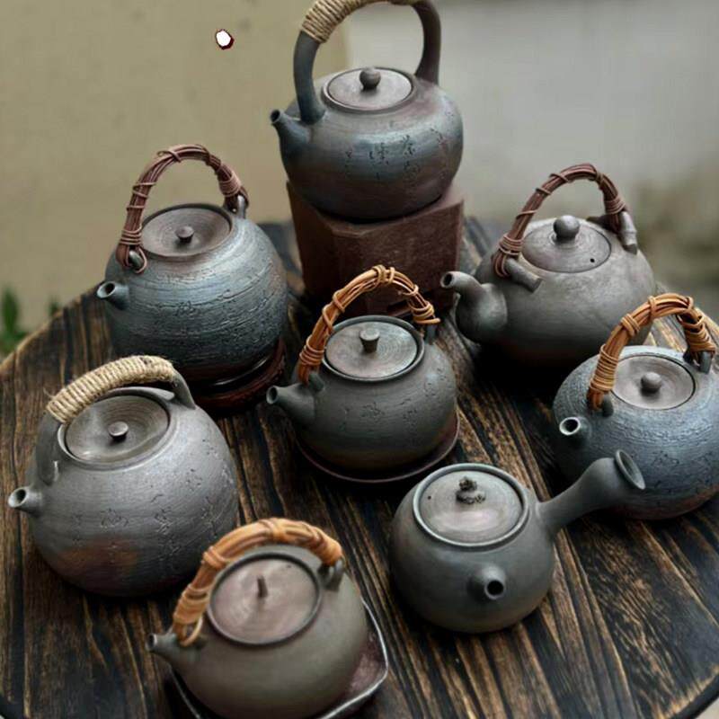 藤编柴烧陶泥手工提梁茶壶覆古风大小号烧水壶炭火炉煮茶壶煮水壶