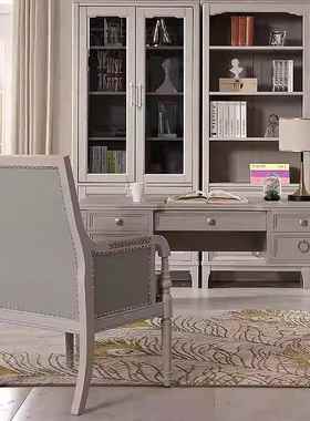 美式轻奢浅灰色橡木全实木办公桌书桌书房电脑桌1.4米学生写字台