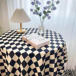 ins覆古美式菱形黑格子桌布棋盘圆桌长方形装饰绒布茶几餐桌布