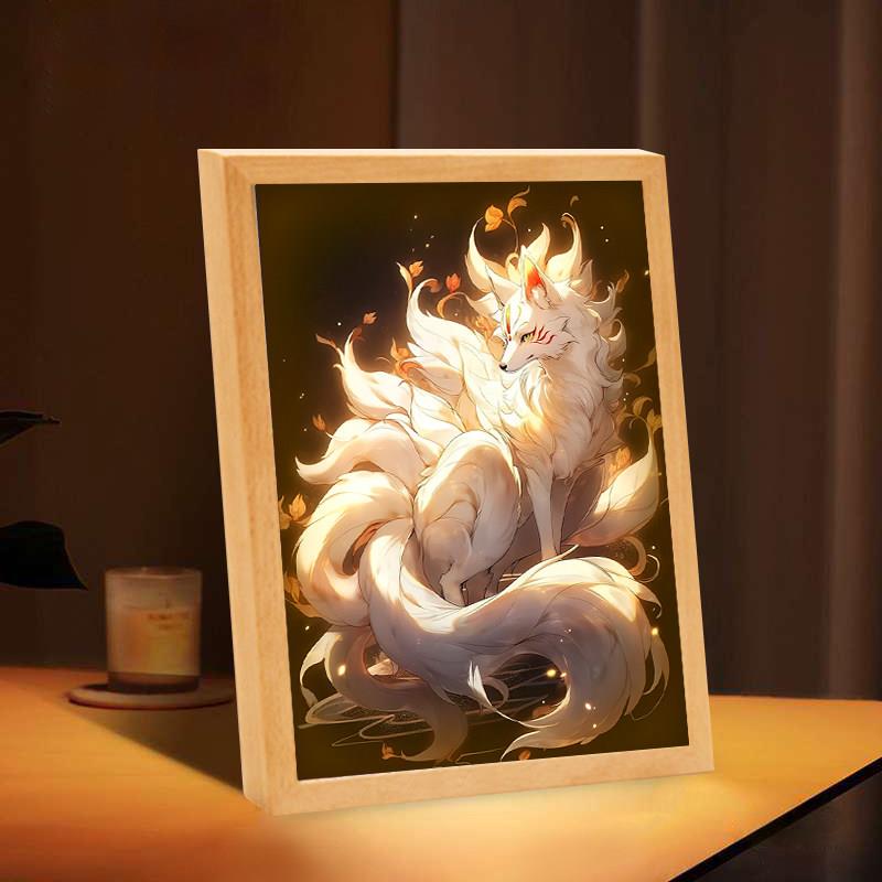 白狐画像九尾狐灯光灵狐画挂画狐狸相框小夜灯山海经娘娘狐妖灯画
