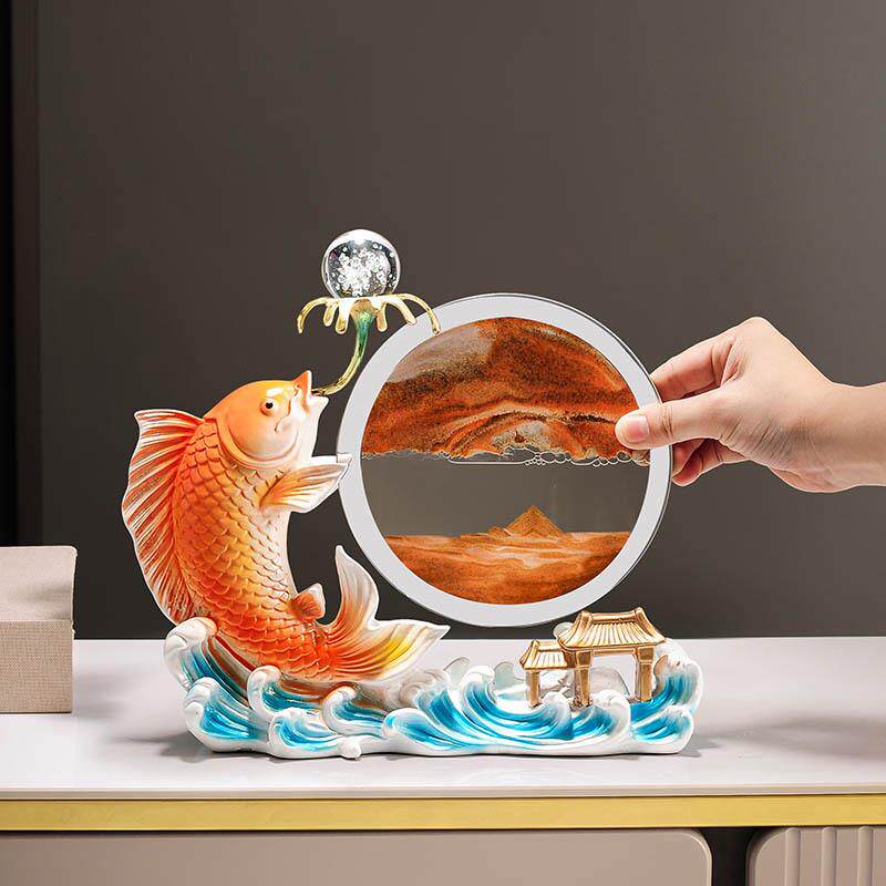 新中式年年有余金鱼摆件创意玄关酒柜流沙画装饰品树脂工艺品