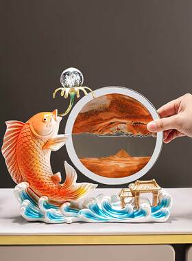 新中式年年有余金鱼摆件创意玄关酒柜流沙画装饰品树脂工艺品