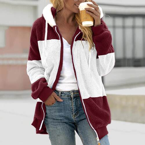 Plush patchwork hooded jacket for women 毛绒拼接连帽外套女